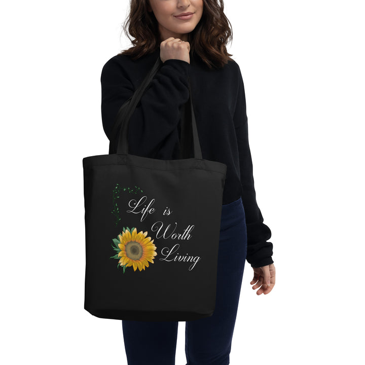 BLACK ORGANIC COTTON TOTE BAG (Life is worth living)